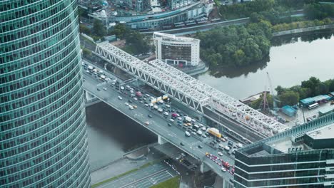 high-angle view of moscow cityscape with traffic bridge