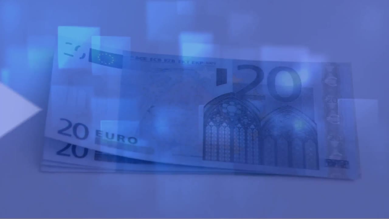 animación del procesamiento de datos financieros y flechas blancas sobre los billetes en euros
