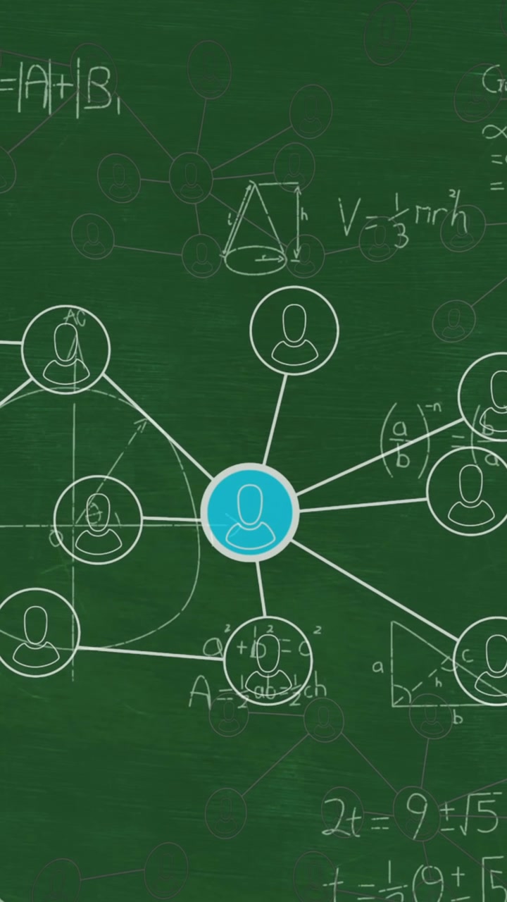 Animation of network of connections with icons over mathematical equations on green background