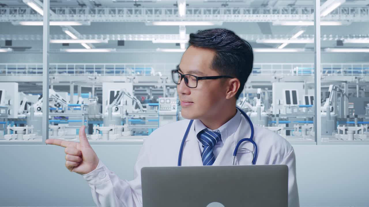 Doctor Presenting Technology in a Modern Factory