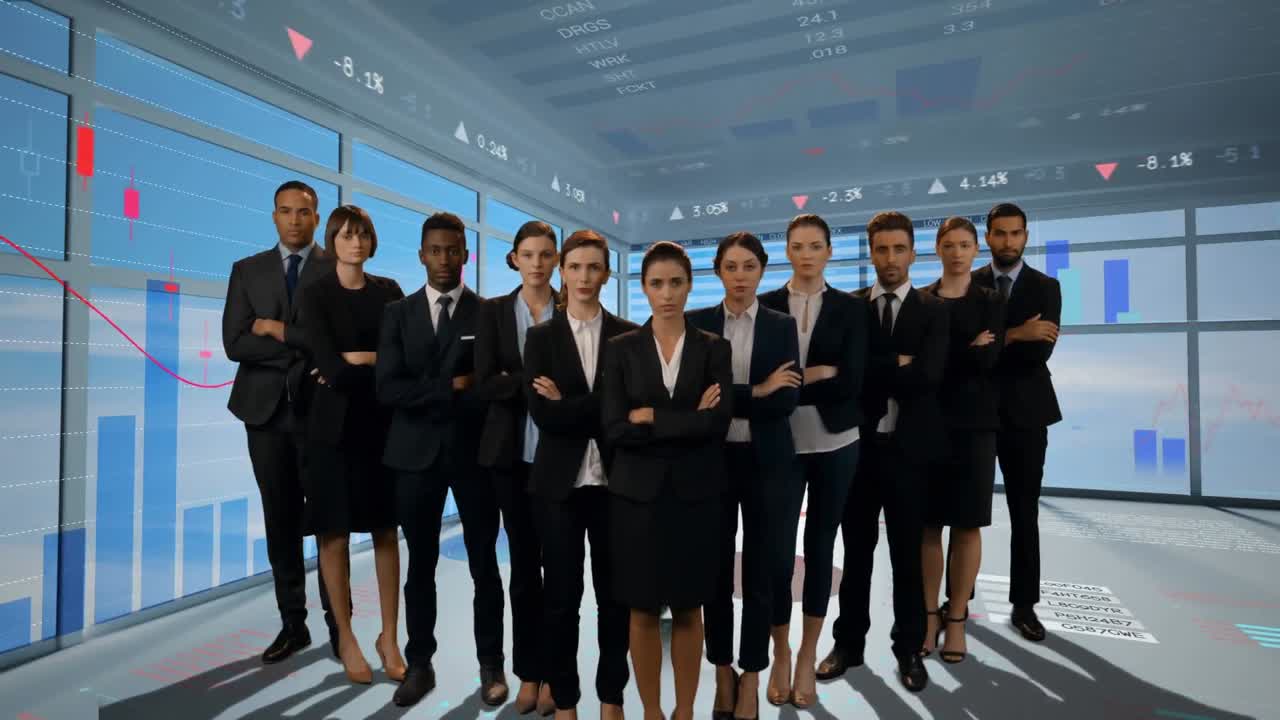 그래프 를 가진 방 에 서 있는 사업가 들