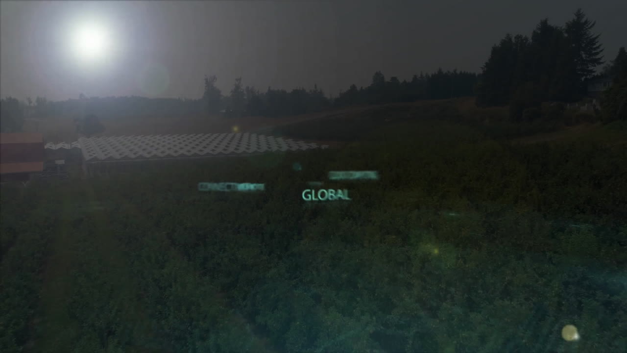 Text animation of global connectivity over scenic landscape at dusk sky