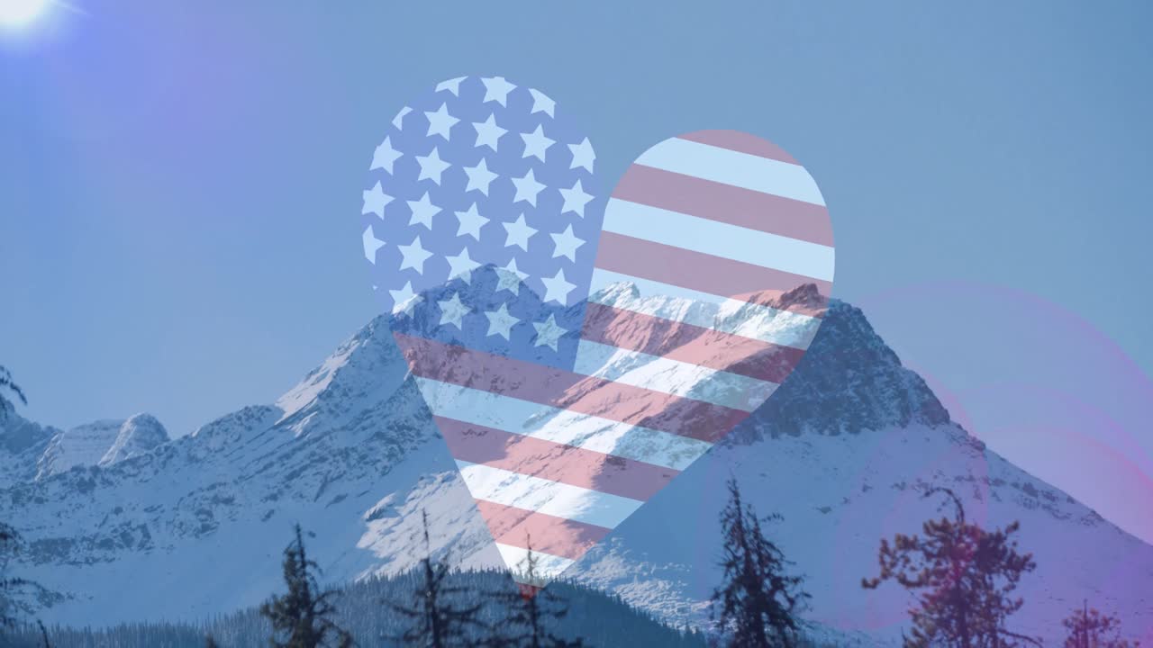 놀라운 산악 풍경 위에 있는 미국 국기 심장의 애니메이션