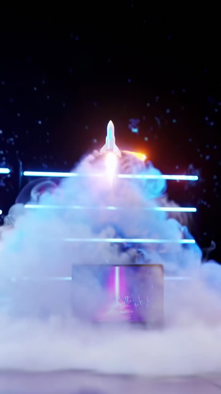 A futuristic video concept with a low-angle view of a rocket launching from a laptop screen