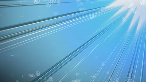 animation of snow falling over glowing rays on blue background