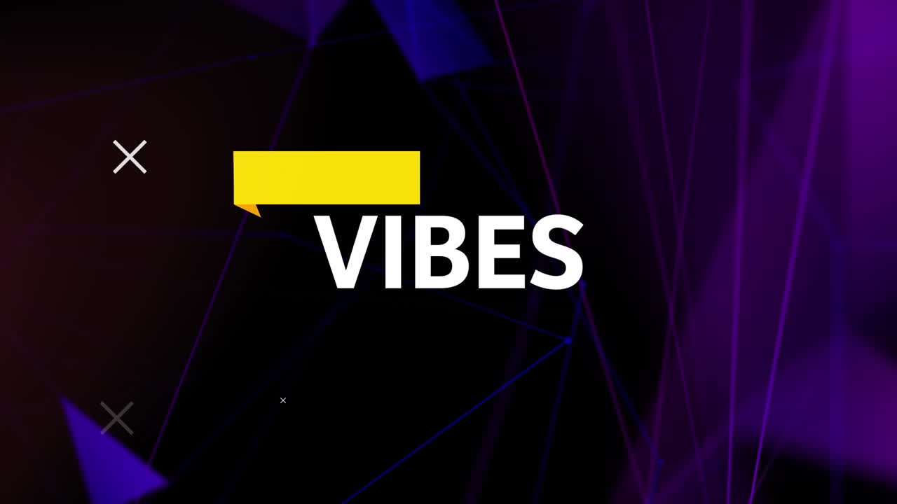 Animation of vibes text over shapes on black and blue background