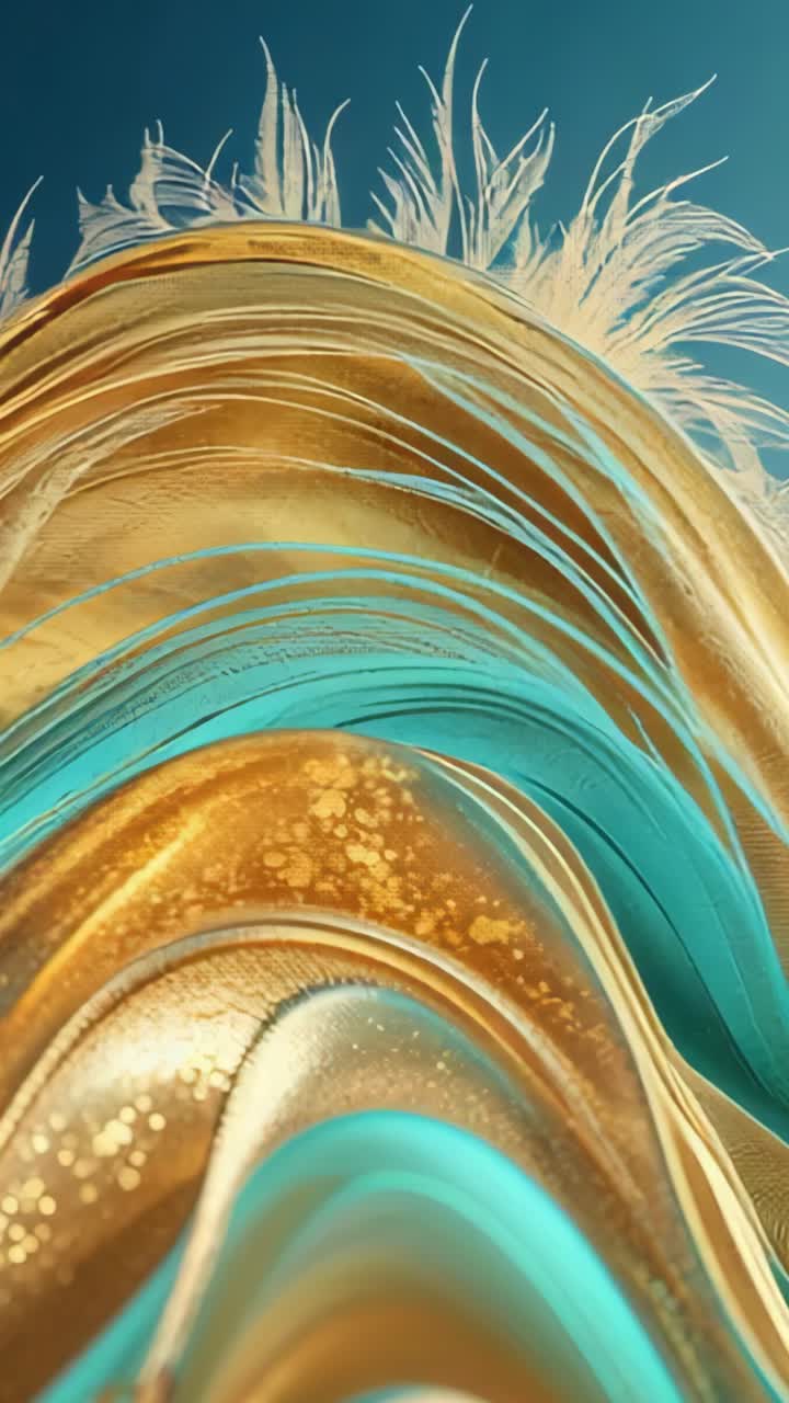 Video verticale: animazione di un nastro astratto che si muove nello spazio con sfumature oro-verde acqua e punte piumate