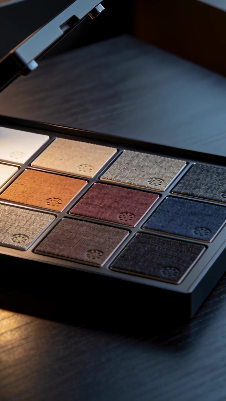 Vertical video: Revealing eyeshadow palette, lid lifting on dark wooden table, showing twelve pans