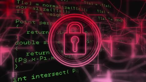 animación del icono del candado de seguridad, senderos de luz rosa y procesamiento de datos contra un fondo negro.