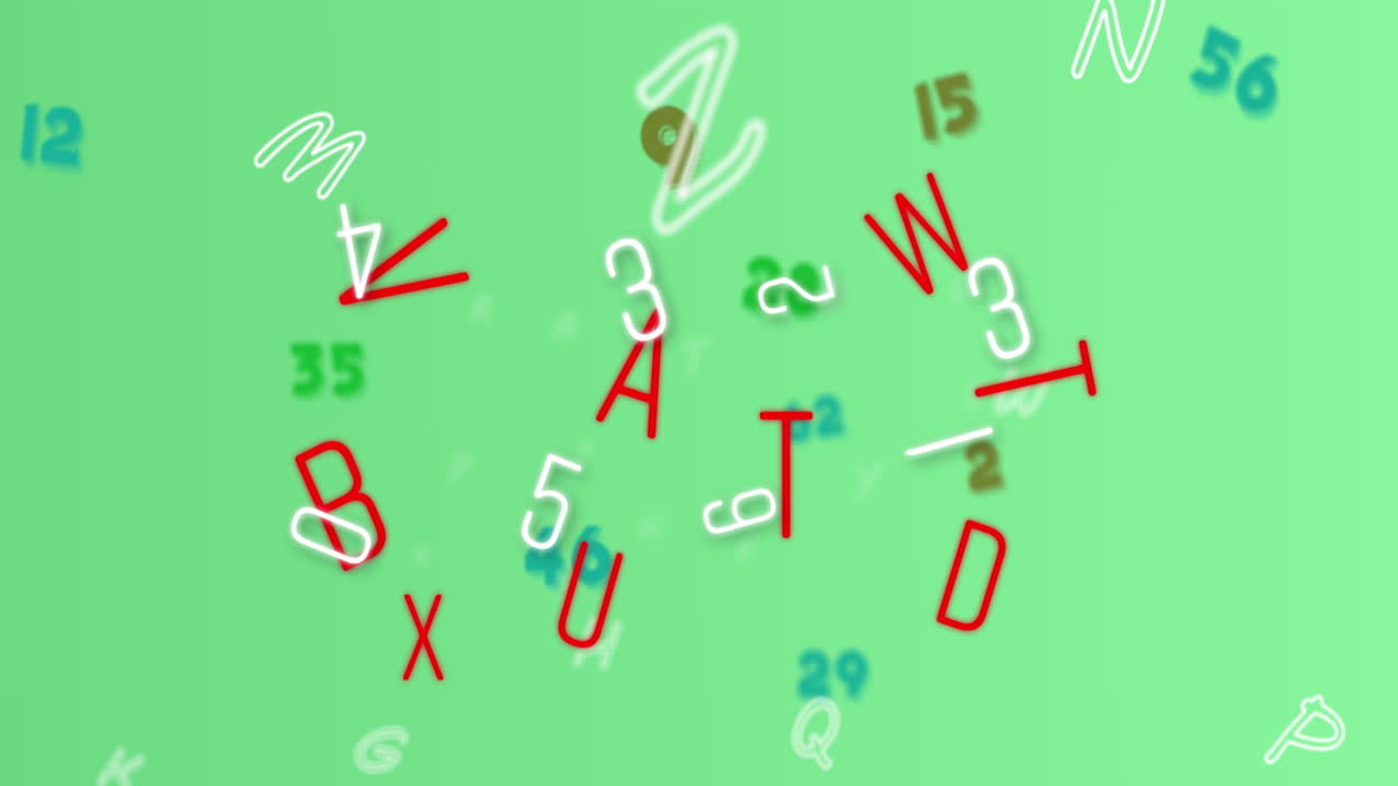 Digital animation of multiple changing numbers and alphabets against green background