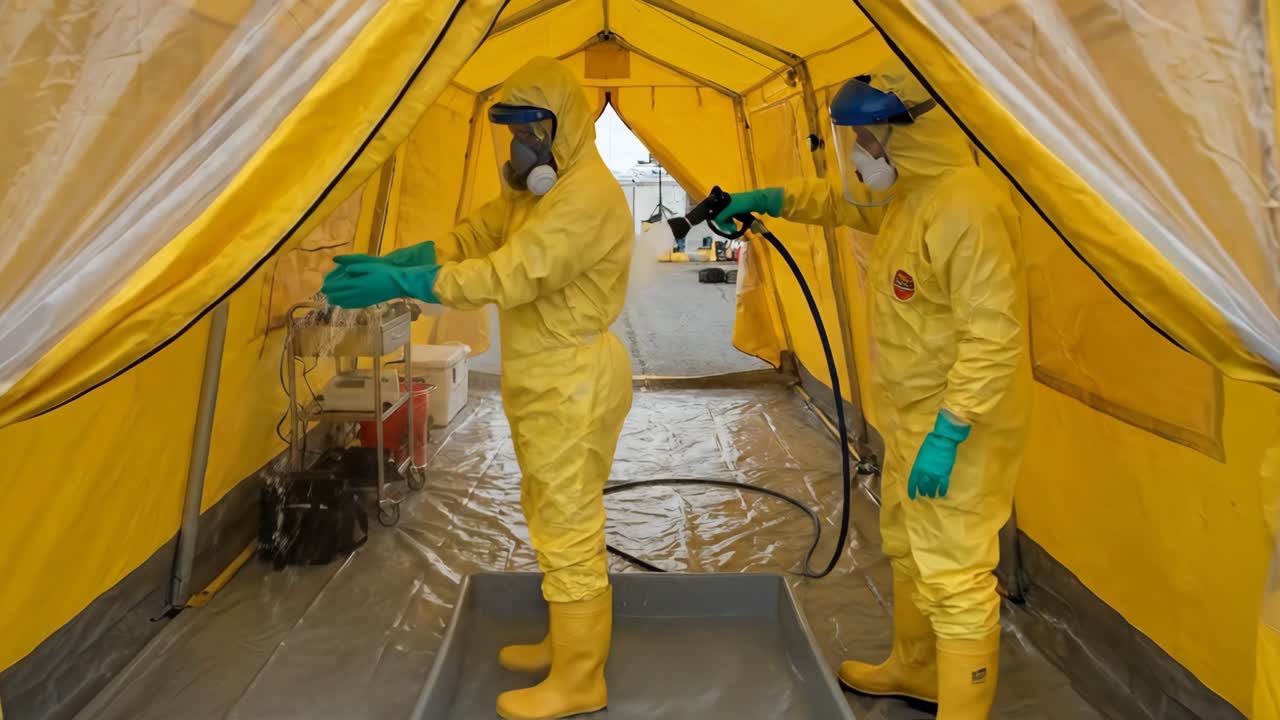 Emergency Responders in Hazmat Suits Undergoing Decontamination in a Yellow Tent