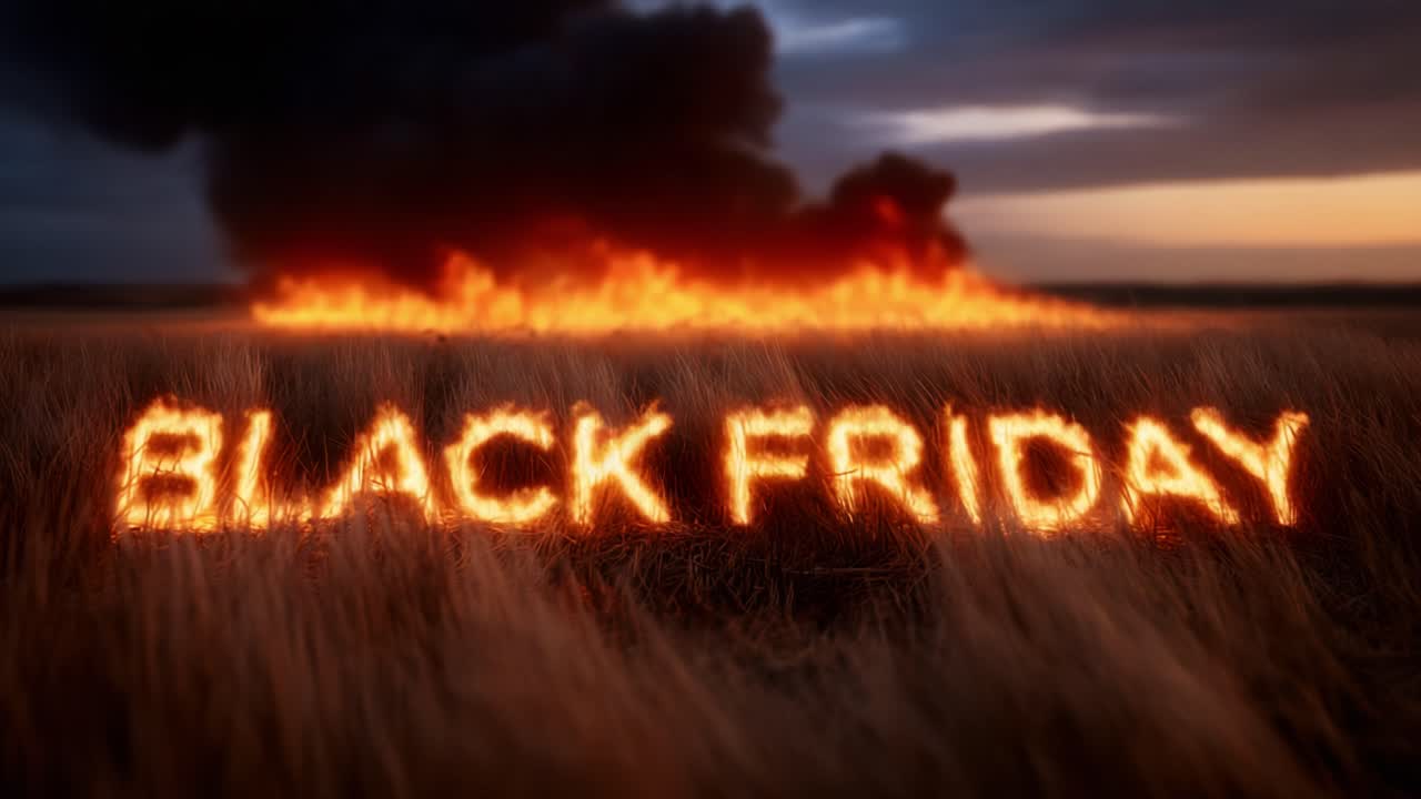 Dramatic visual representation of Black Friday, featuring the iconic phrase set ablaze in golden hues, contrasting against a dark, smoky background of a rapidly burning field