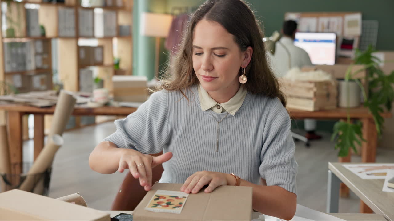 Woman packing a cardboard box for shipping