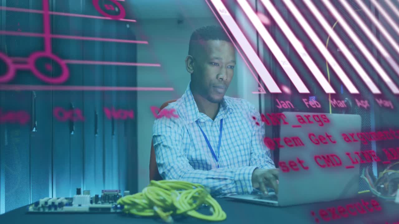 Animation of graphs, globe, computer language, african american man working on laptop in server room