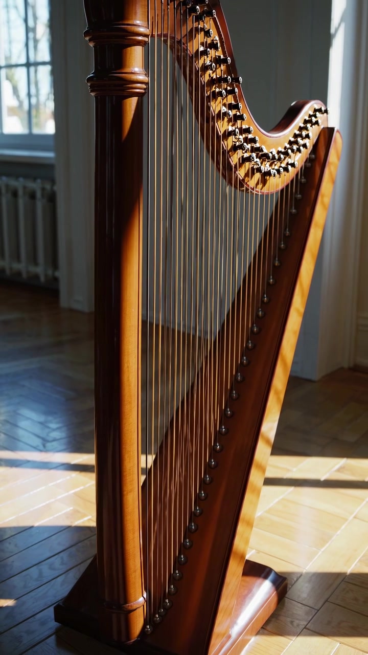 Elegante arpa di legno in una stanza soleggiata