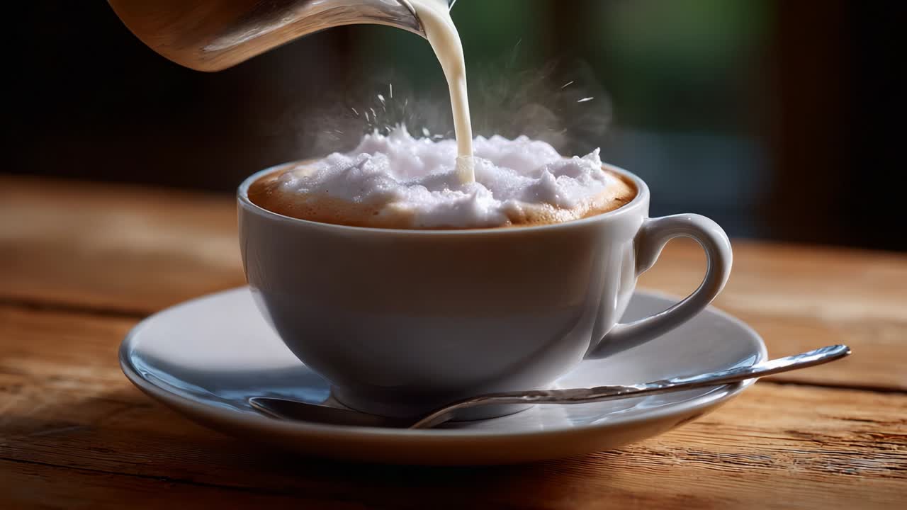 Cup of cappuccino with milk being poured into the foam