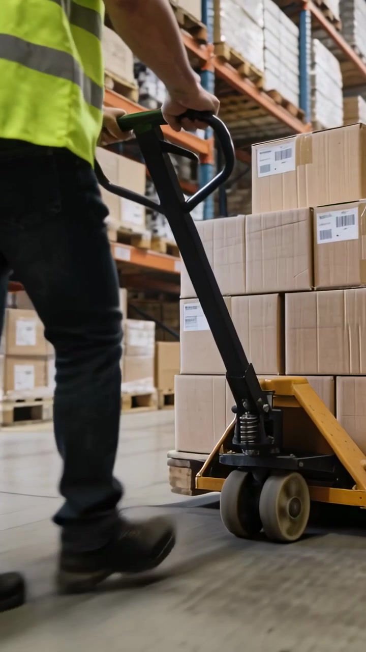 Video vertical: Transpaleta, trabajador con chaleco de alta visibilidad levantando un palé y moviendo cajas en un almacén para existencias.