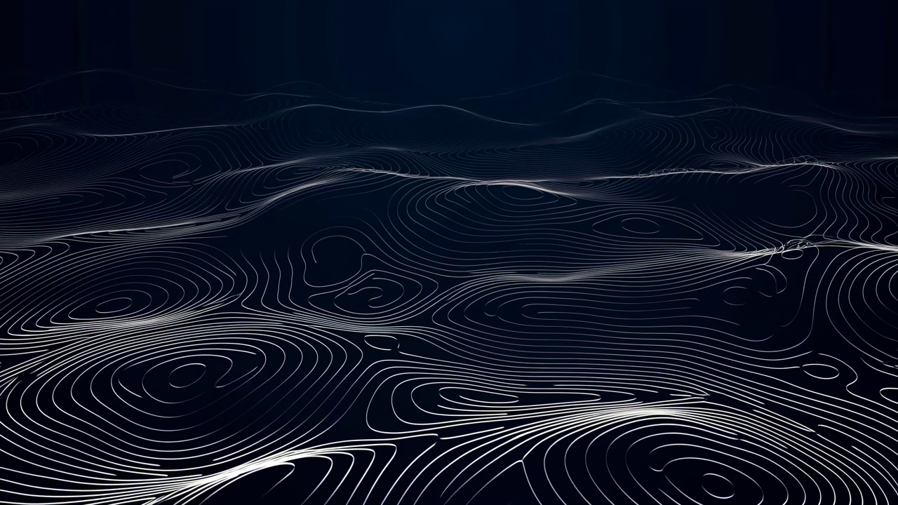 Dark Contour Terrain Lines Ripple Across Screen, Topographic Waveforms Creating Data Visualization Vibe