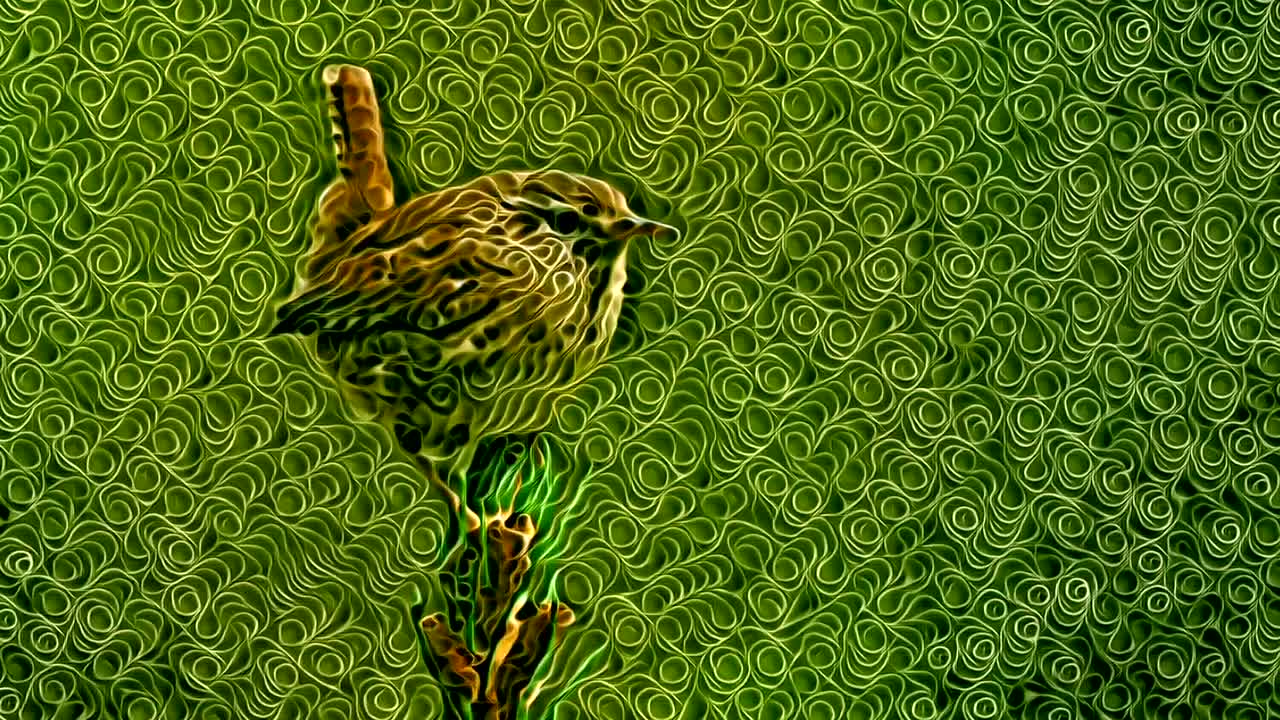 animación artística en color verde espiraliforme de un pequeño pájaro reyezuelo cantando en una ramita