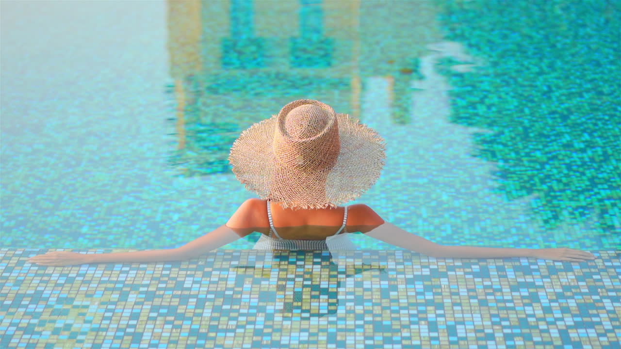 A close-up of a woman in a swimming pool with her back to the camera stretches out along the edge of the shallow end of the pool
