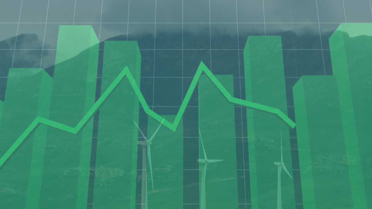 Translucent green 3D bar chart overlaying grid while green line graph flowing across wind turbines