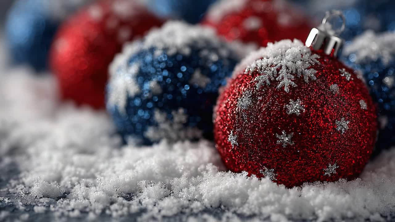 A Festive Display of Glittering Red and Blue Christmas Ornaments Surrounded by a Soft Blanket of Snow, Capturing the Holiday Spirit and Seasonal Cheer