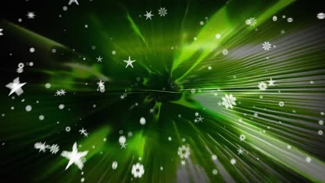 Animation-of-falling-snow-and-stars-over-glowing-green-lights