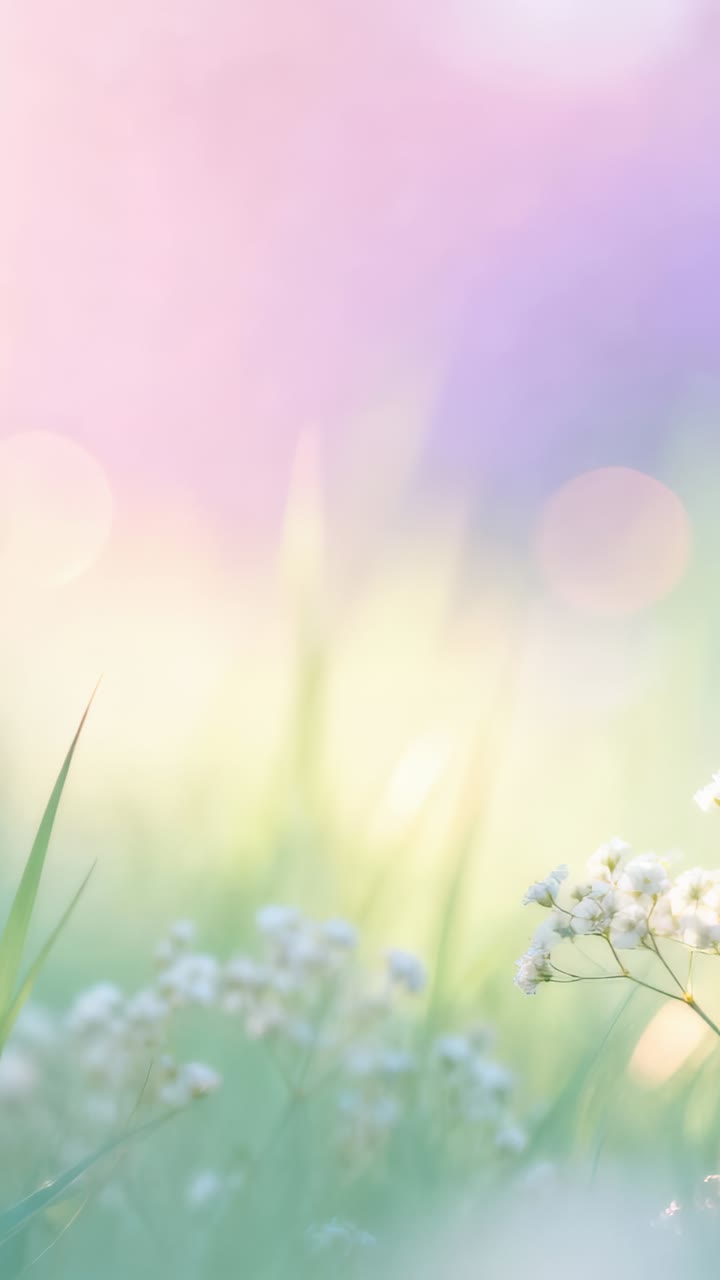 Vertical video: Light spurring camera filming white flower cluster in meadow soft bokeh, copy space
