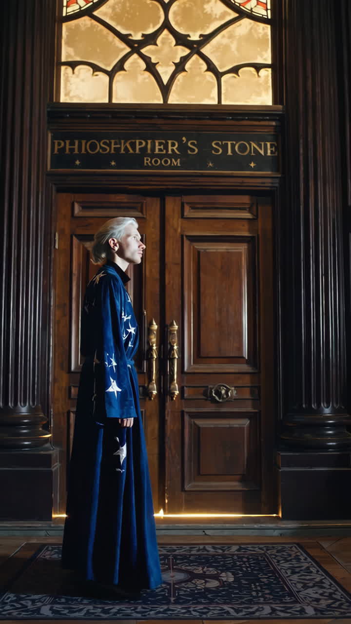 "Harry Potter-style wizard in the Philosopher's Stone Room"