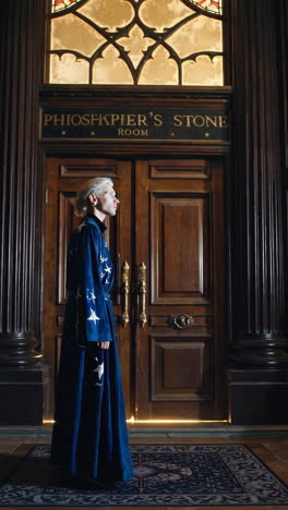 "harry potter-style wizard in the philosopher's stone room"