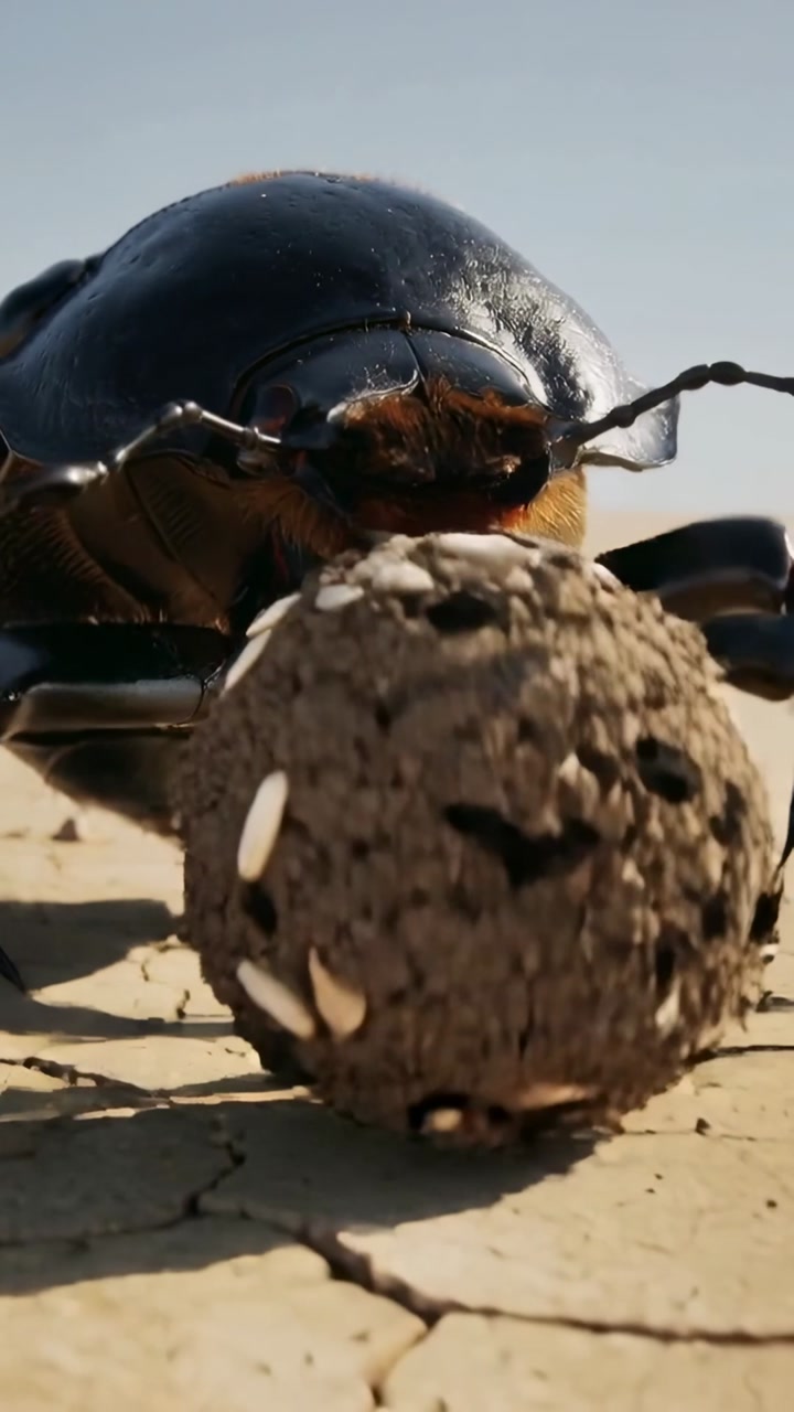 Vertical video: Sun warming cracked clay urging scarab beetle rolling seeded dung ball across plain