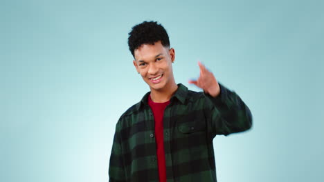 face, smile and man pointing at you for choice