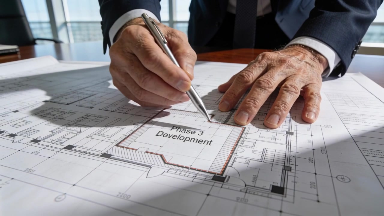 Placing pen over Phase 3 Development, manager in suit tracing plan on conference table, planning