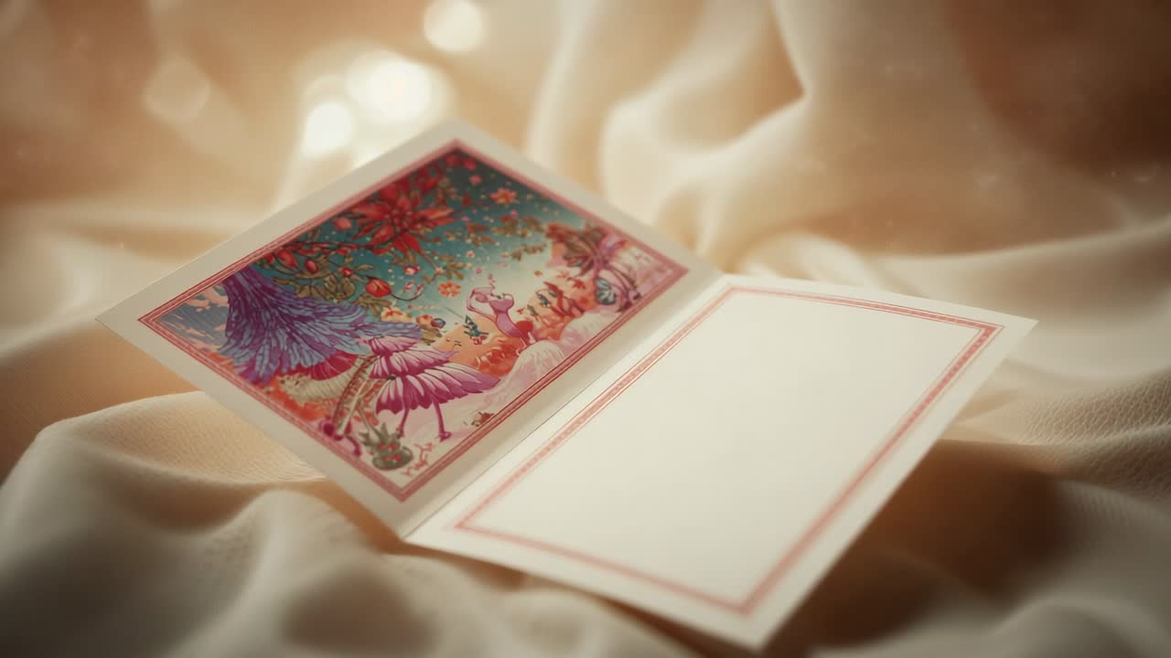 Camera initiating focus shift and panning over greeting card on cream satin, showing illustration