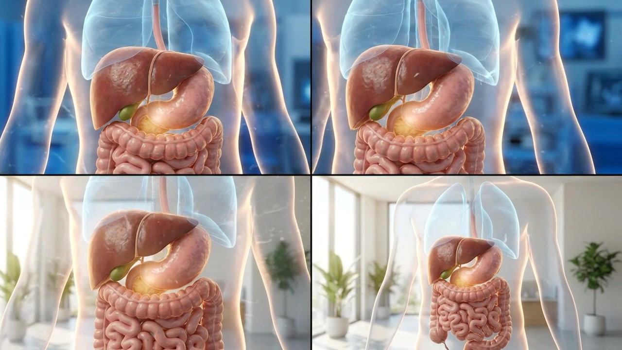 Four panel comparison showing stomach and intestinal anatomy from multiple views