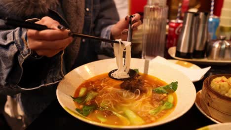 person enjoying a bowl of chinese noodle soup