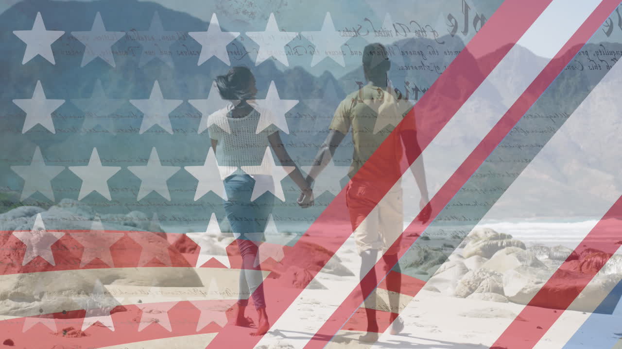 animación de rayas y estrellas moviéndose sobre una pareja de manos y caminando por la playa