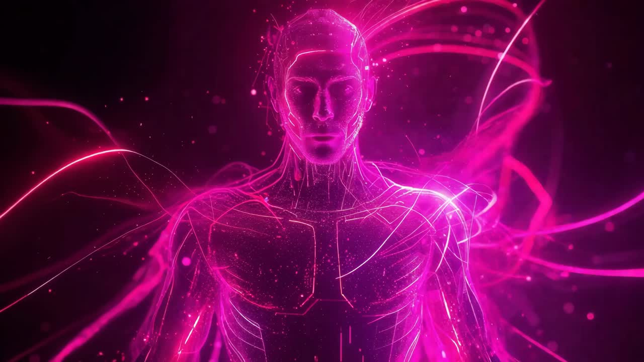 umanoide cyberpunk in luce rosa