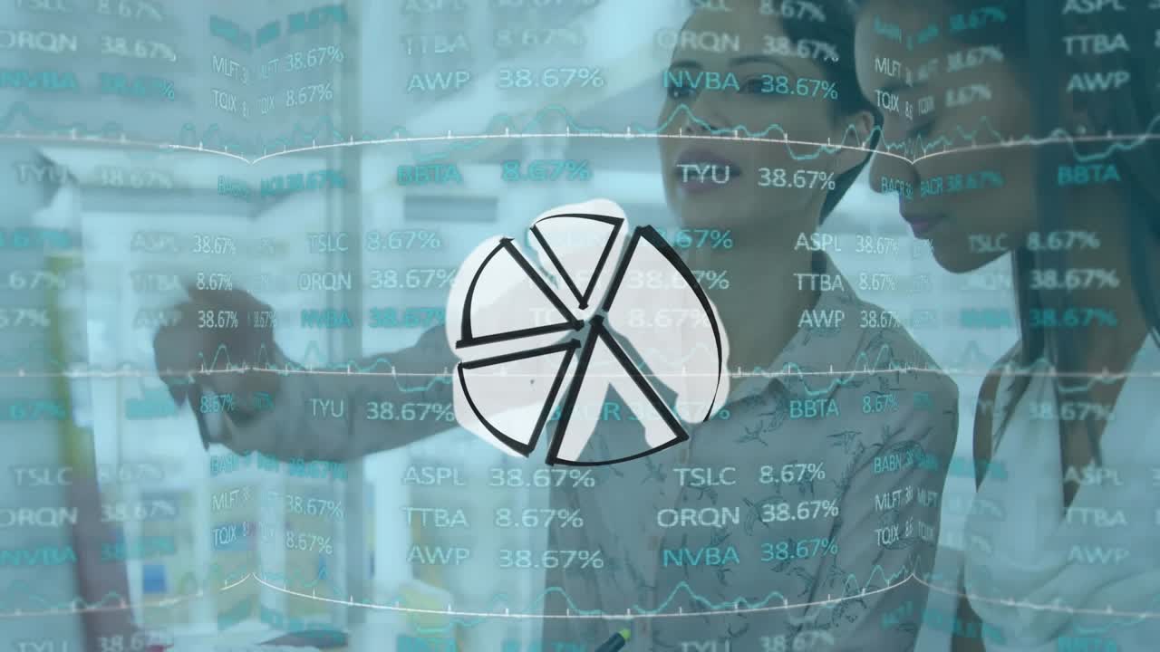 Animation of data processing over diverse business people in office