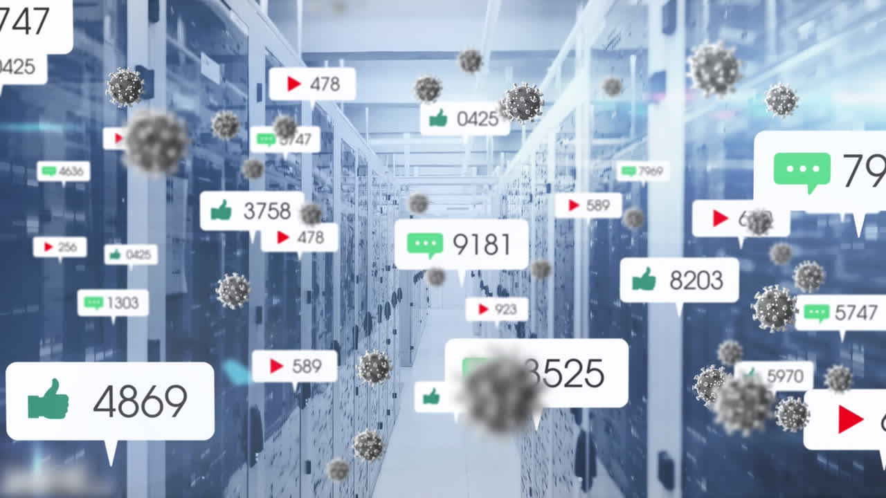 여러 코로나19 세포와 디지털 아이콘이 컴퓨터 서버  ⁇ 을 상대로 증가하고 있습니다.