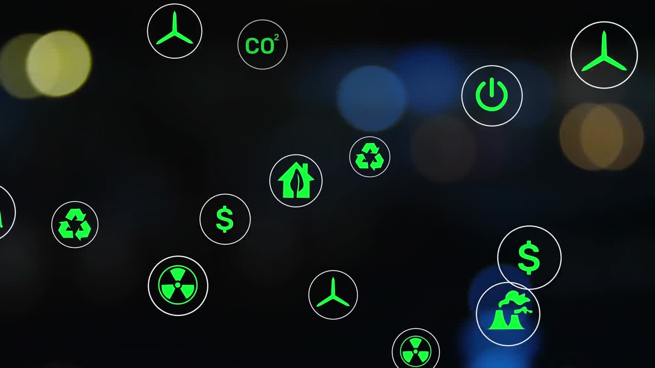 도시의 거리에서 움직이는 흐릿한 차량 위의 원에서 아이콘의 애니메이션