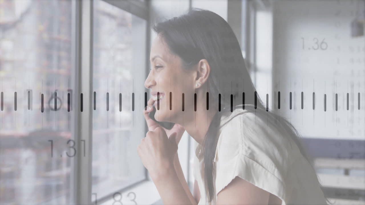 Talking on phone, smiling woman with measurement scale overlay animation