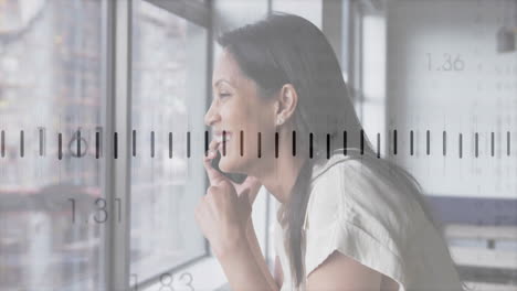 talking on phone, smiling woman with measurement scale overlay animation