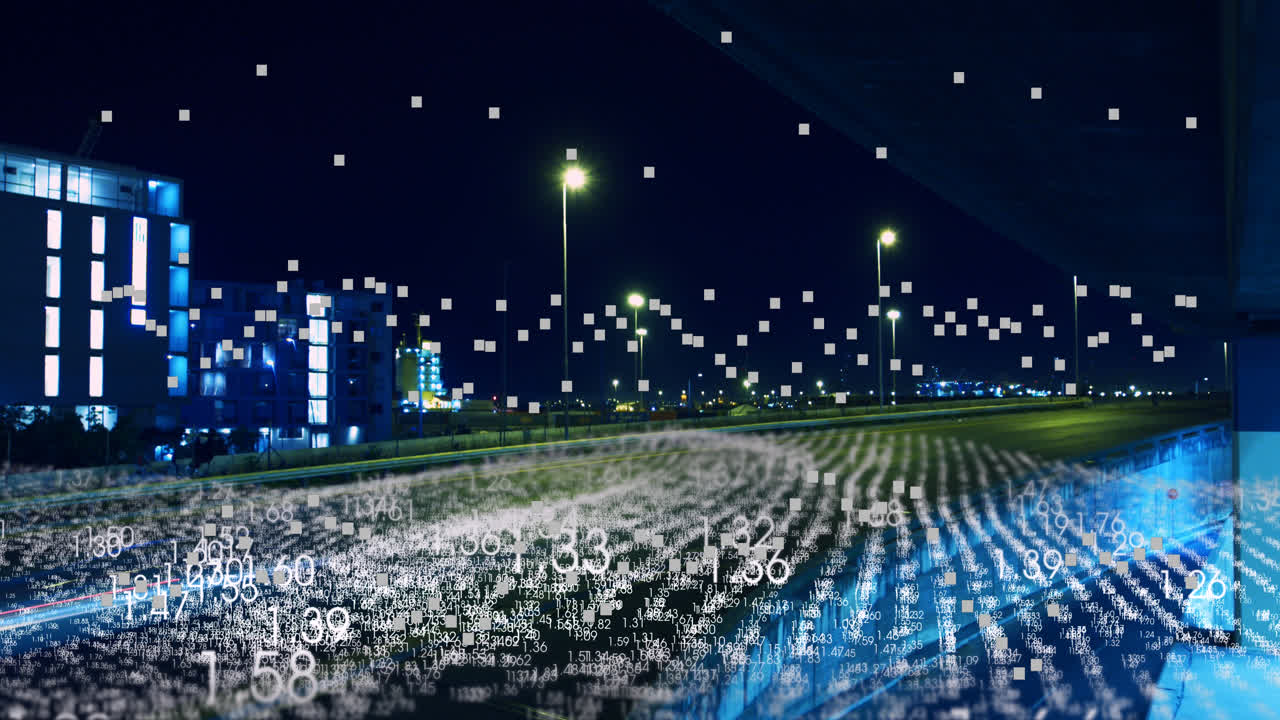 도시 풍경 위의 데이터 처리 애니메이션