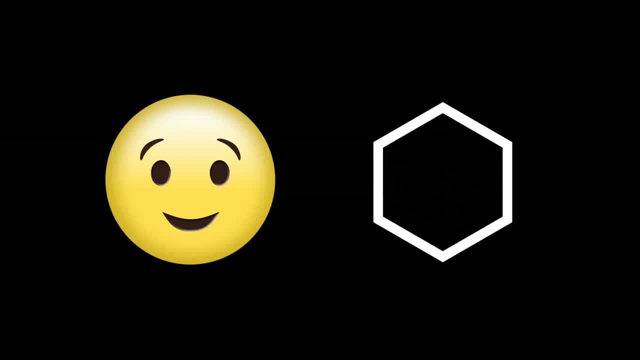 Digital animation of winking face emoji and abstract hexagonal shape against black background