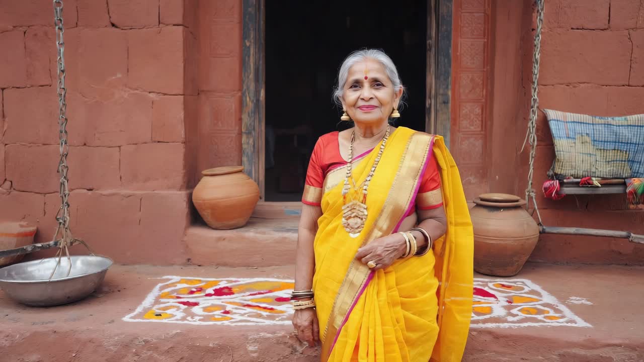 Portrait of a smiling senior woman wearing a yellow sari and gold jewelry standing in front of her rural house entrance decorated with rangoli and terracotta pots