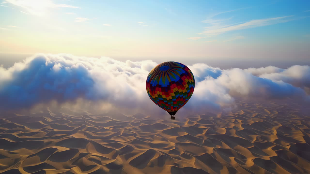 Colorful Hot Air Balloon Flying Over Desert Dunes and Clouds