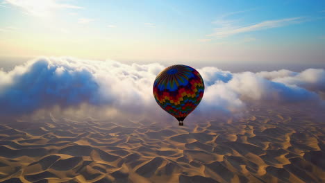 colorful hot air balloon flying over desert dunes and clouds