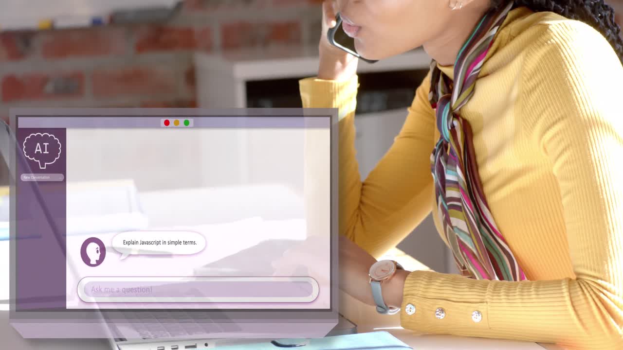 Animation of digital chat over biracial businesswoman using laptop in office