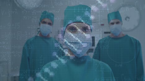 Animation-of-rotating-dna-over-caucasian-female-and-male-surgeons-in-face-masks